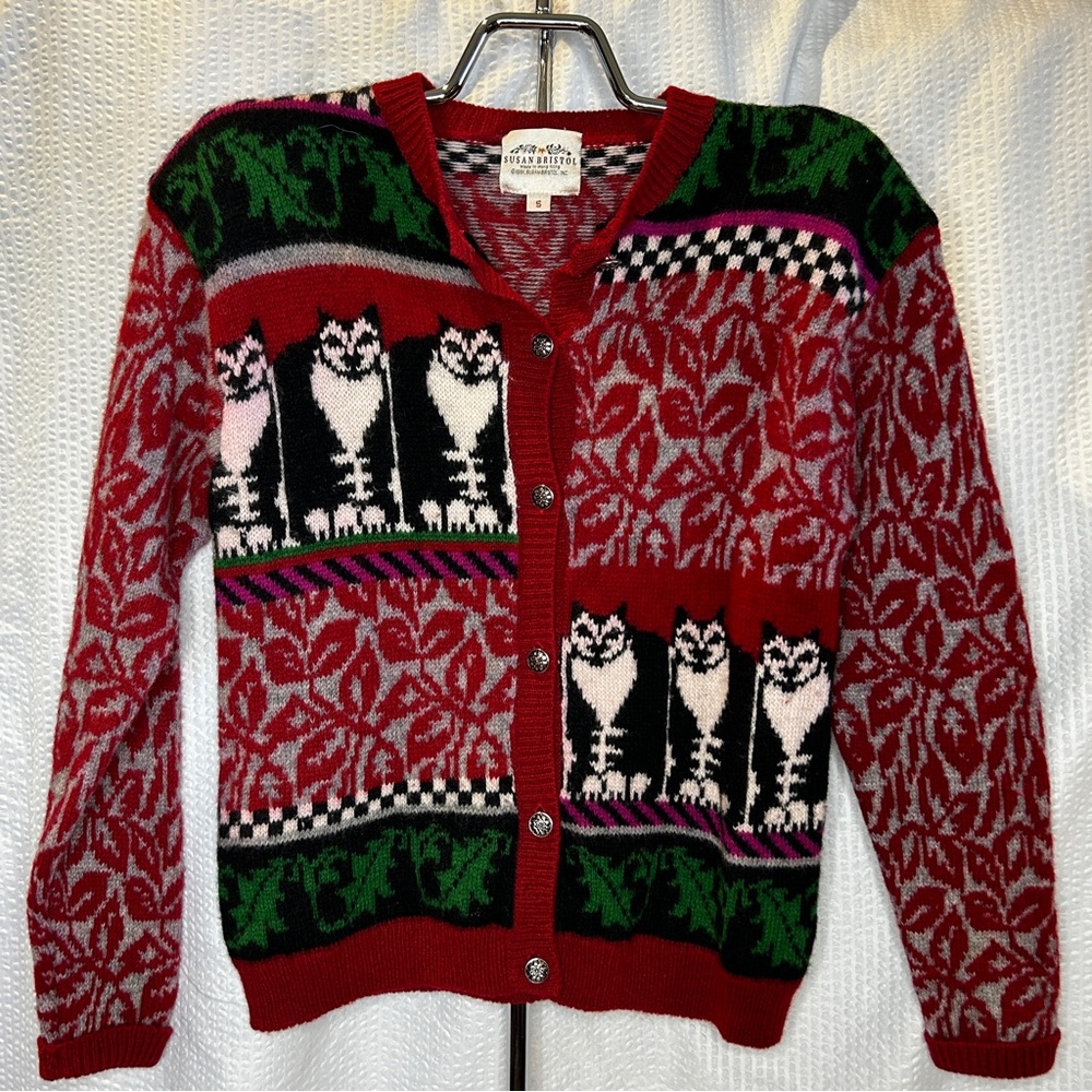 Vintage 1991 Susan Bristol Cats Granny Sweater Wool Blend S Shoulder Pads